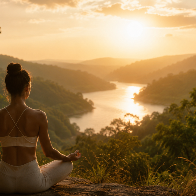 Meditation at sunrise overlooking a calm river valley