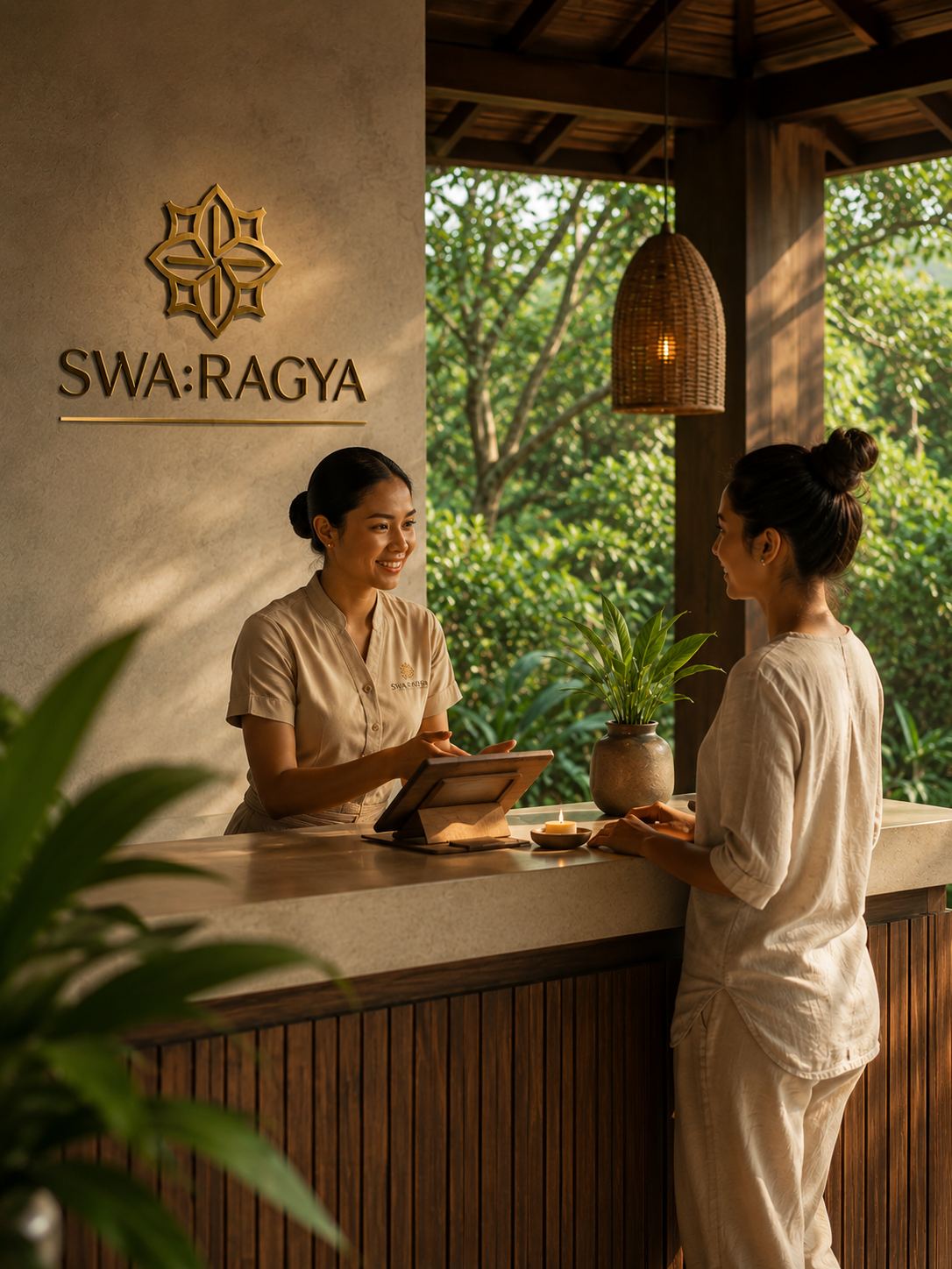 Swa:Ragya reception consultation in a tropical wellness setting