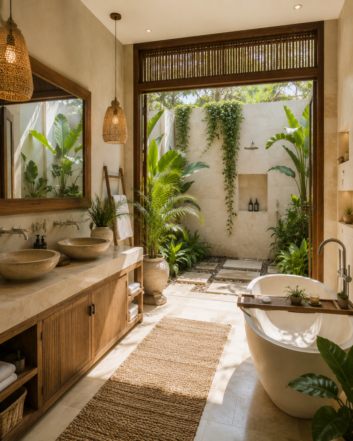 Spa-like villa bathroom with garden shower