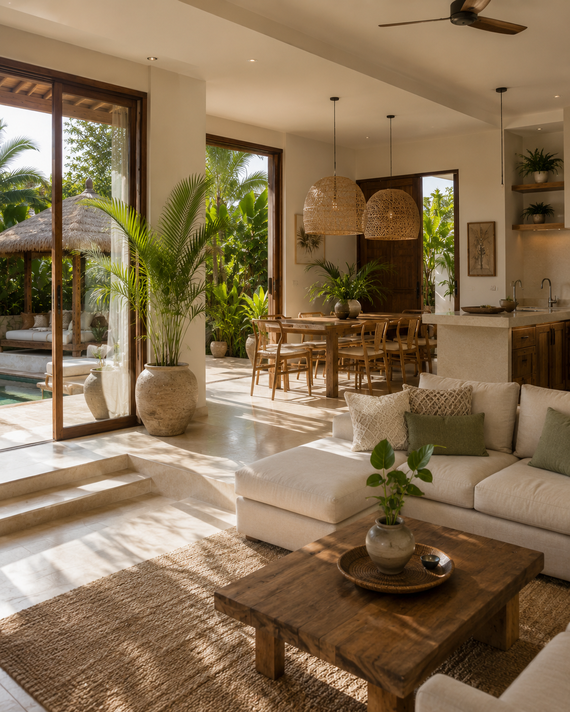 Warm open-plan villa living room