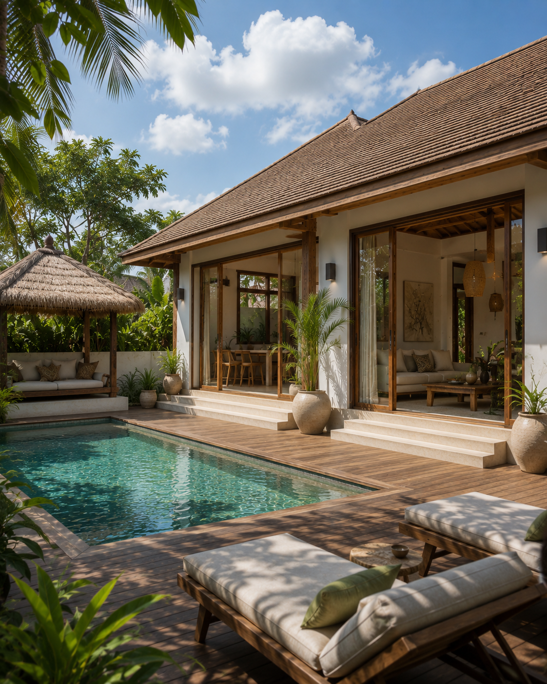 Sunlit villa courtyard and pool