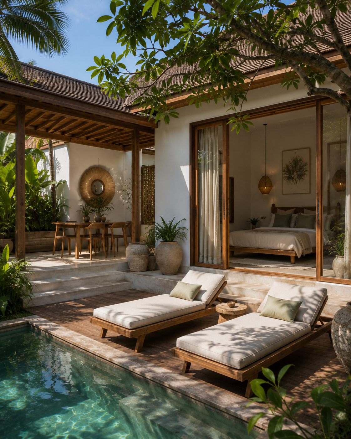 Private pool deck framed by tropical planting