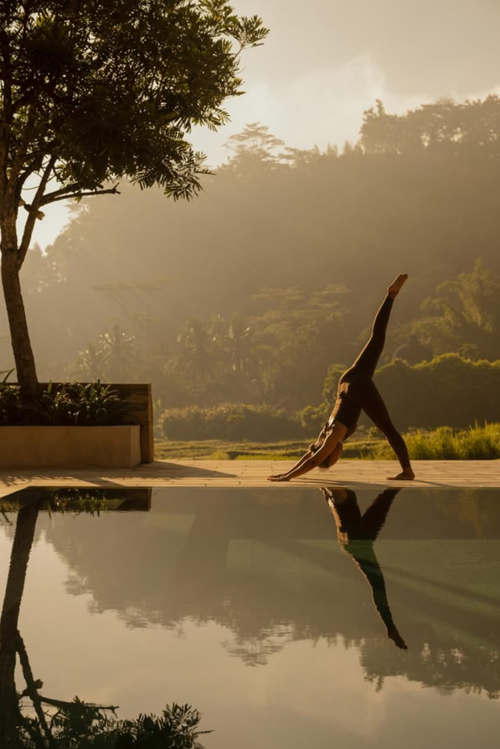 Woman practising yoga beside a reflecting pool at sunrise