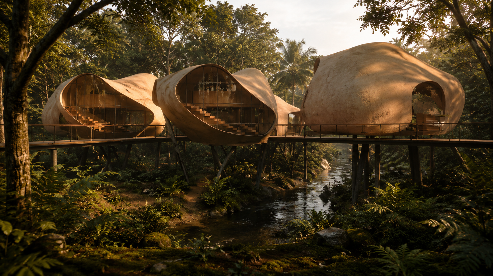 Nature-inspired sanctuary architecture over a forest stream