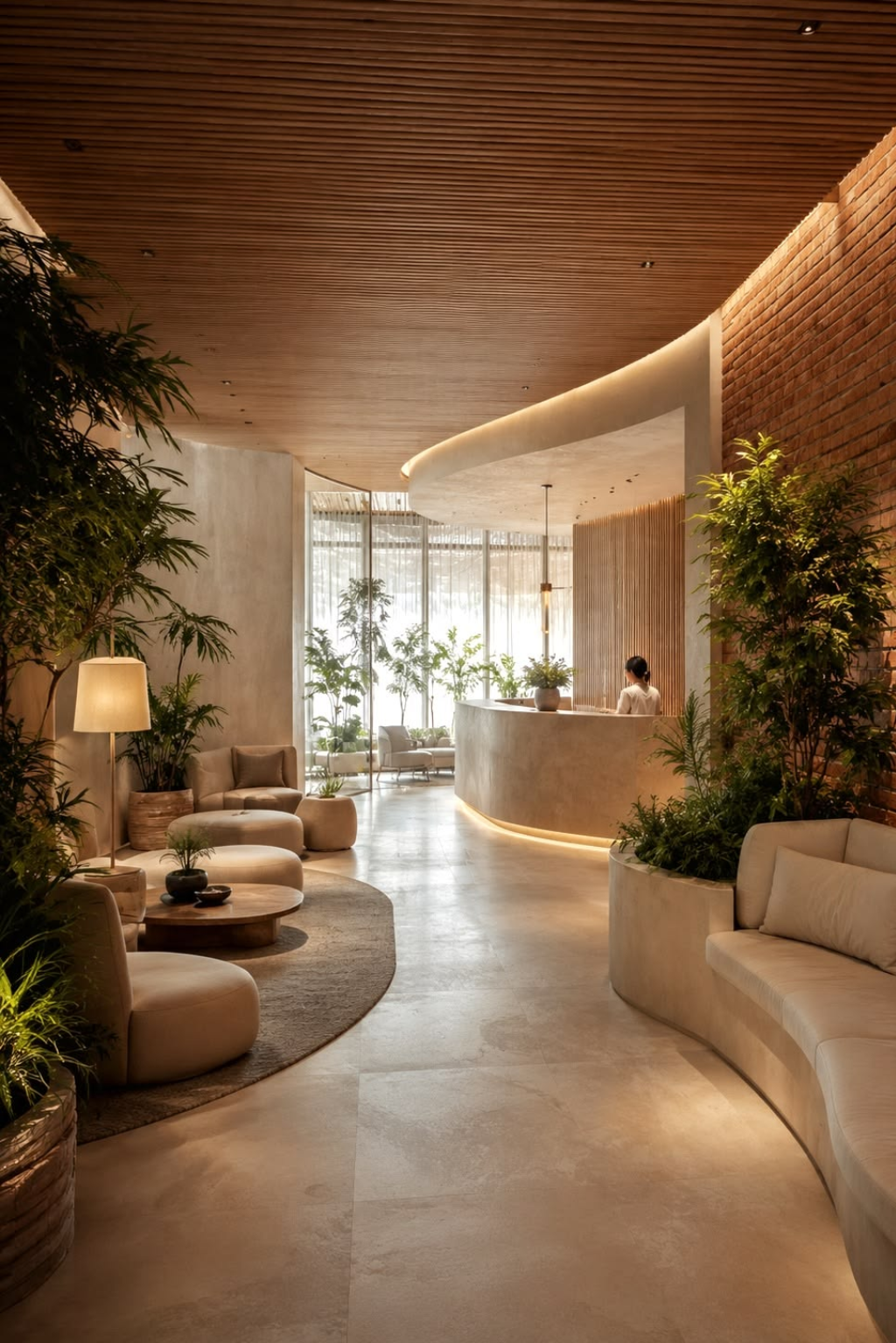 Warm wellness reception and consultation area filled with plants