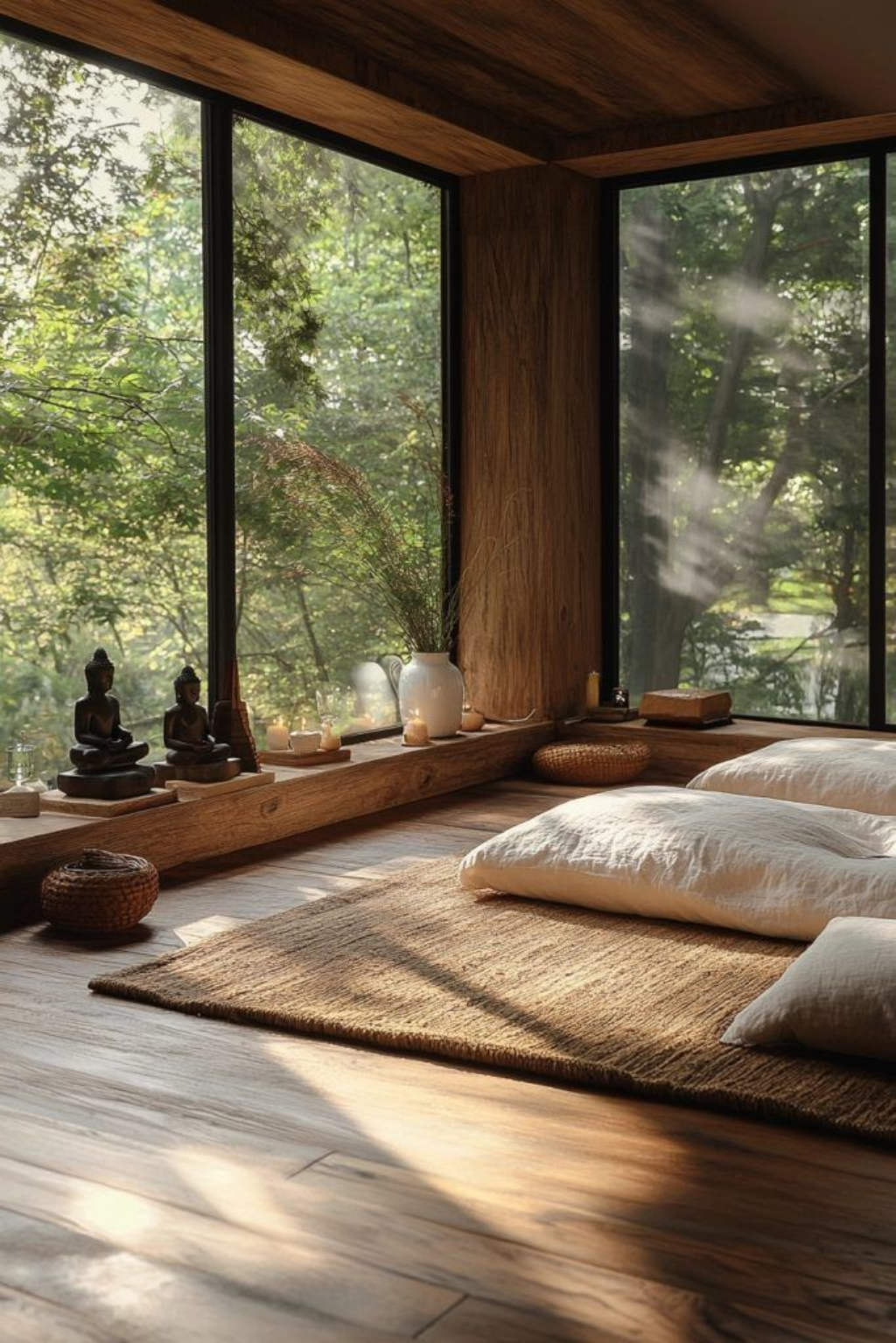Sunlit meditation room overlooking a forest