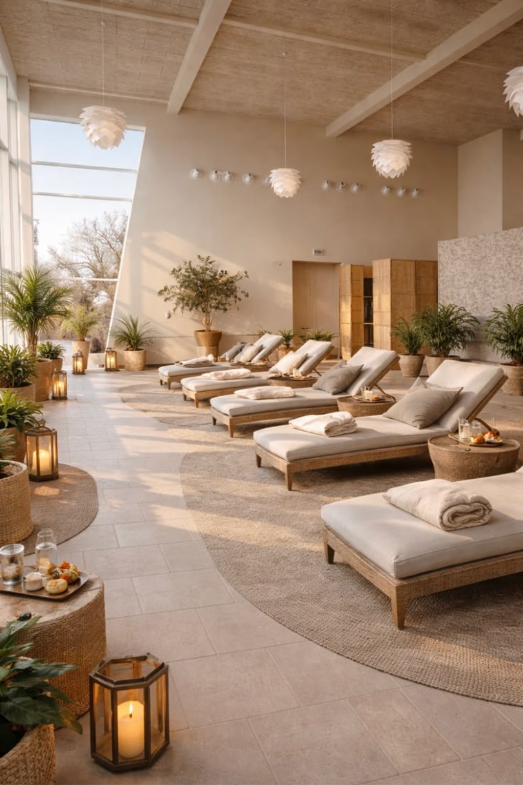 Bright recovery lounge with daybeds and natural finishes