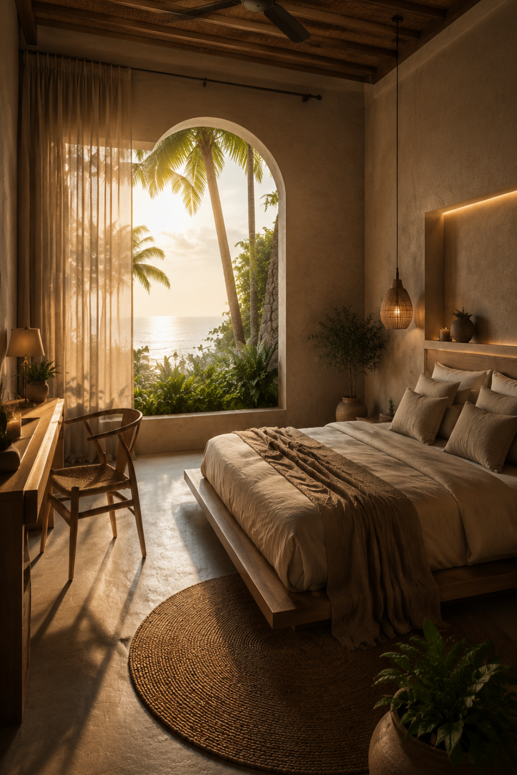 Warm villa bedroom at sunset