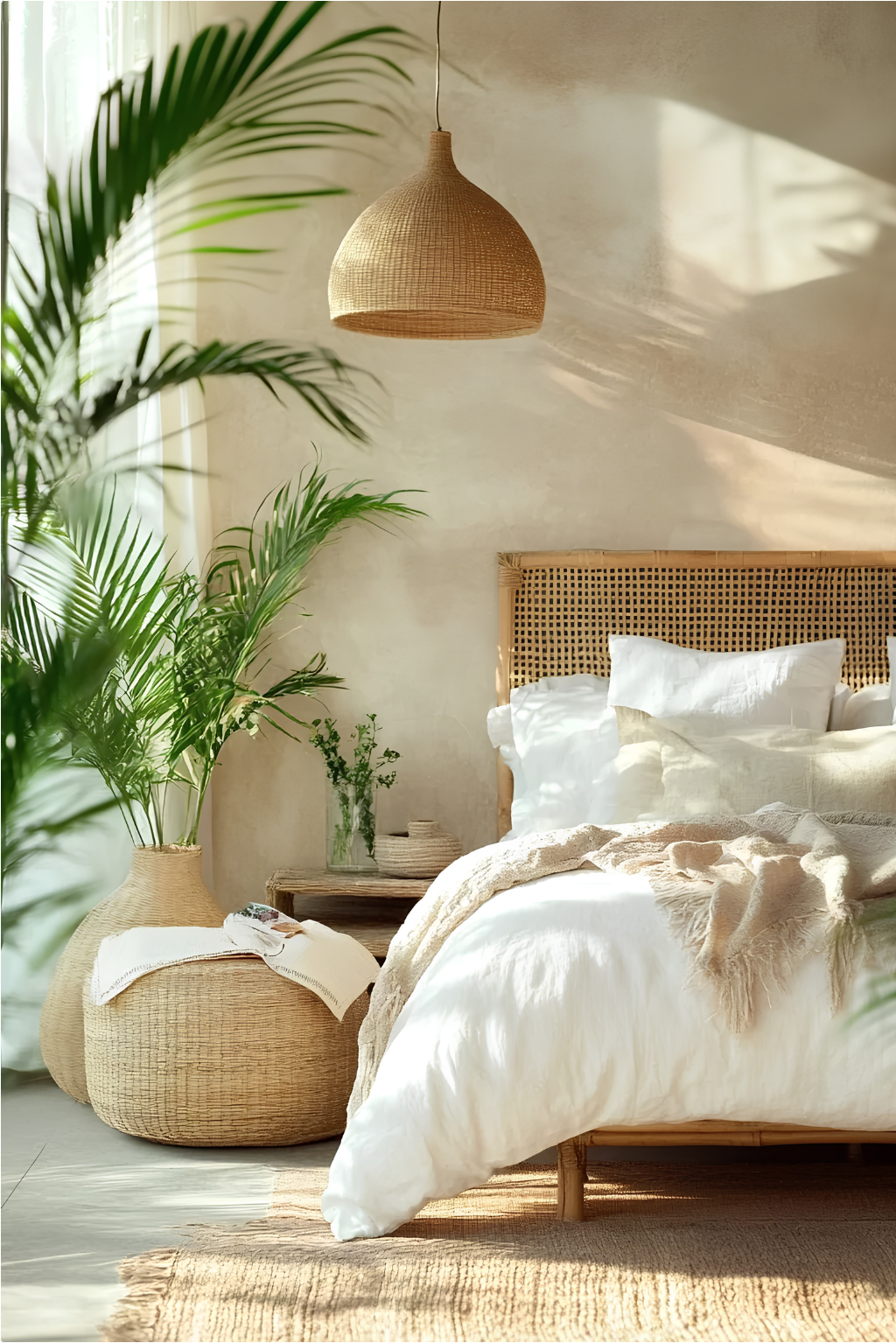 Calm bedroom styled with natural textures