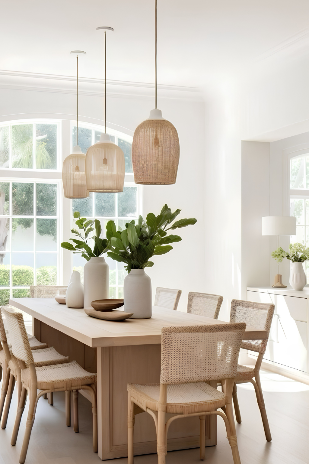 Bright villa dining room with natural finishes