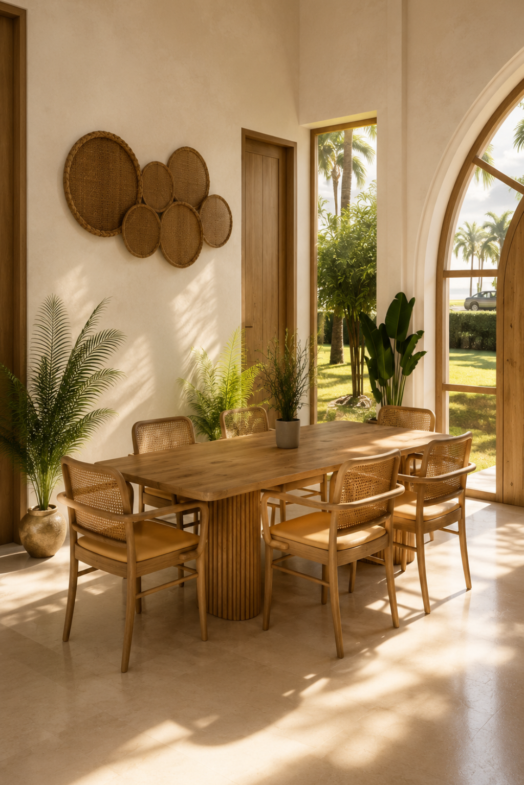 Dining area opening onto a tropical garden