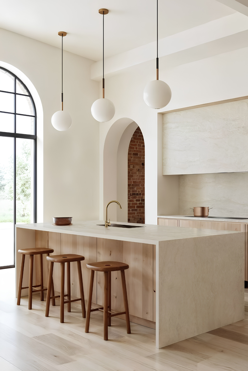 Minimal villa kitchen with sculptural lighting