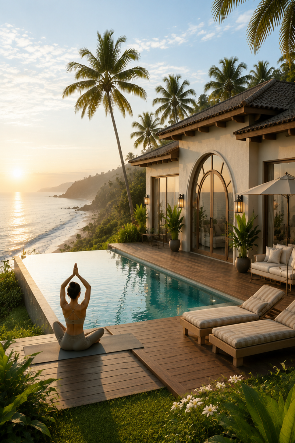 Private villa pool at sunrise