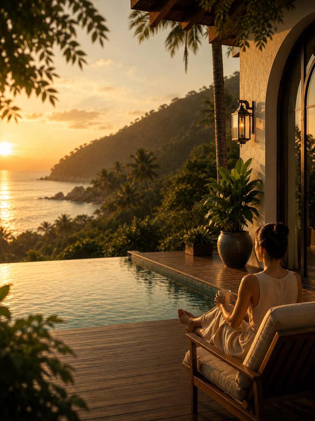 Villa deck and infinity pool overlooking the coast at sunset
