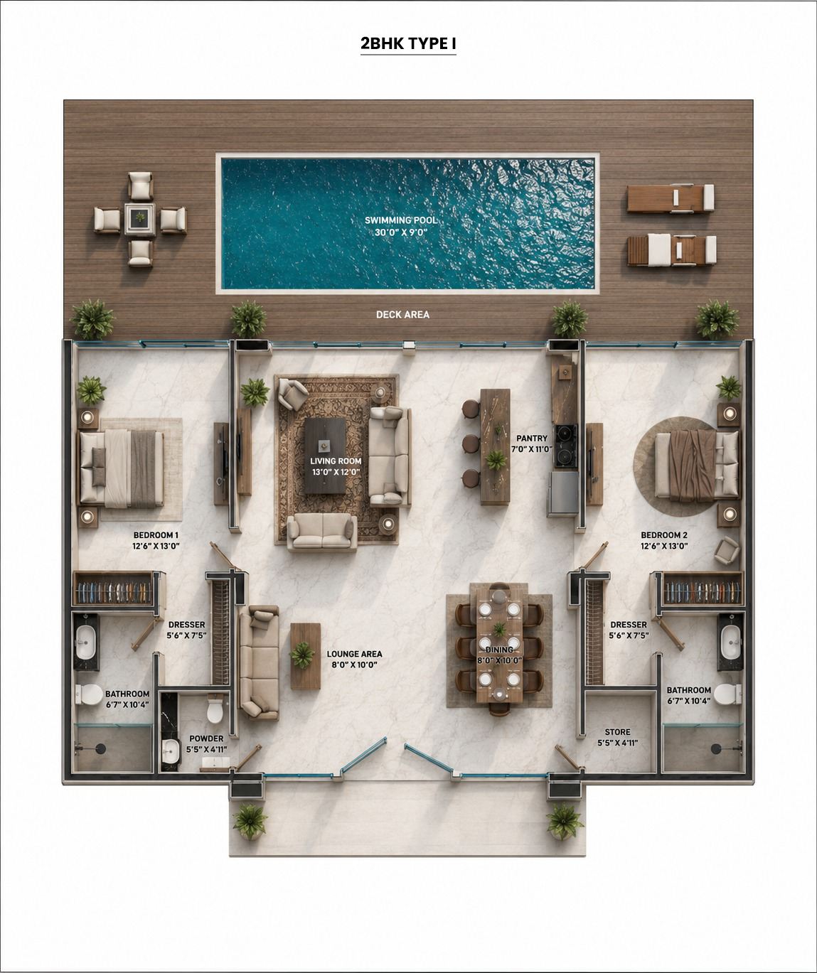 Type I two-bedroom villa floor plan with private swimming pool and deck