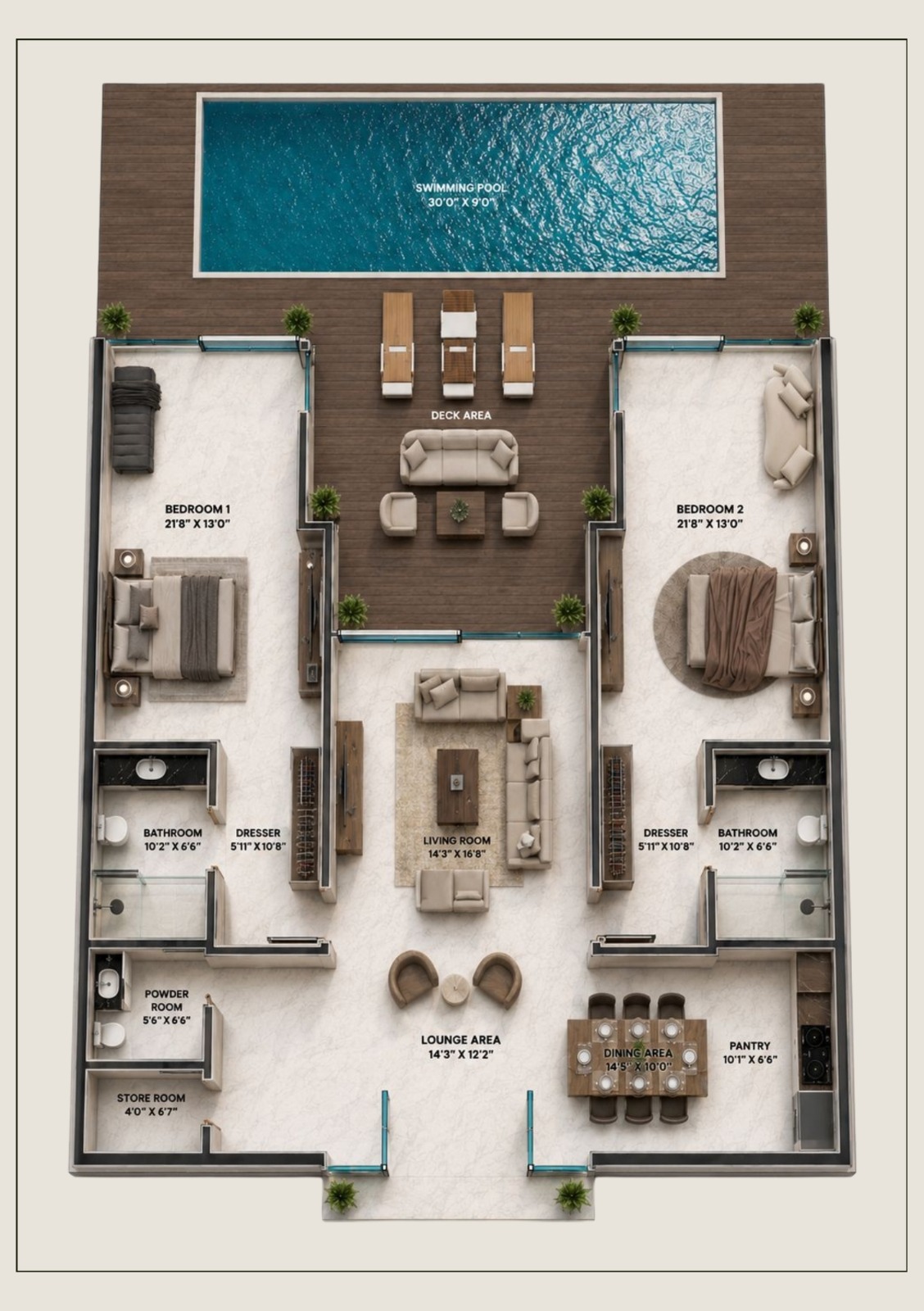 Type II two-bedroom villa floor plan with private swimming pool and deck
