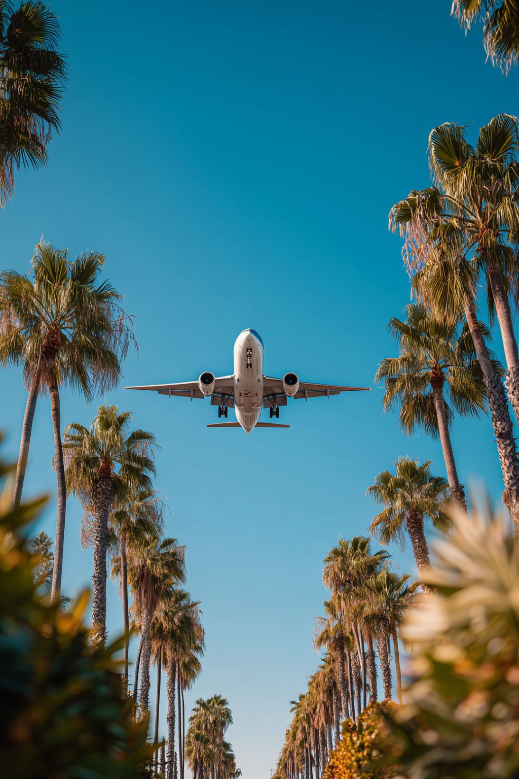 Airplane approaching above palm trees
